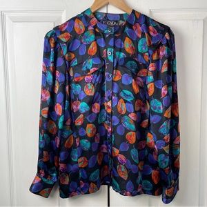 Vintage Escada Multicolor Leaf-Print Silk Button-Up Blouse Medium